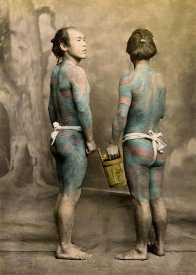 Two men with traditional Japanese Irezumi tattoos, c.1880 by Japanese Photographer